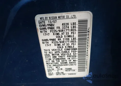 2008 Nissan Rogue Sl from USA, damaged, VIN JN8AS58V48W129870